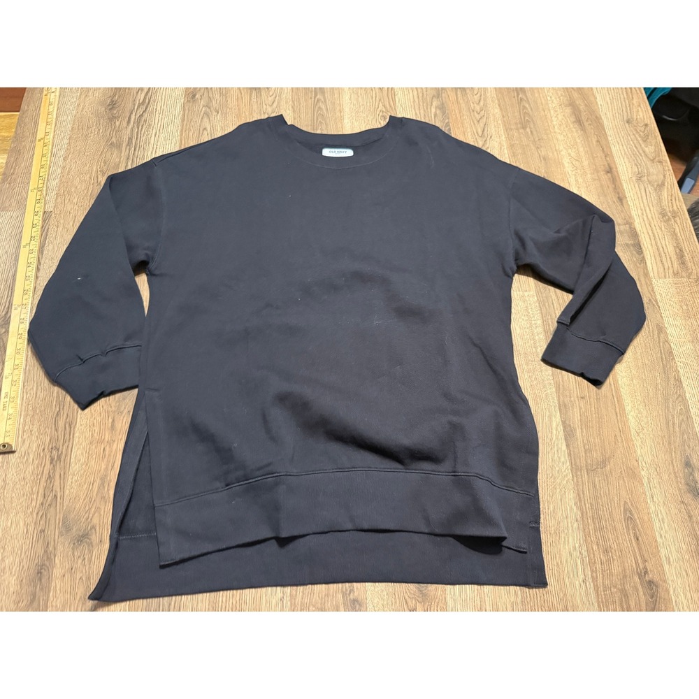 Old Navy Shirts Women Size L Black Sweatshirt Tunic Length Side Slit Crewneck